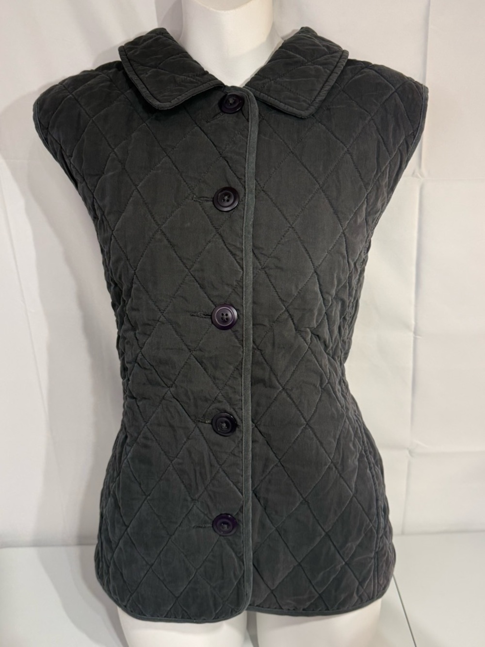 L.L.Bean Quilted Vest Womens XL Charcoal Gray Faded Black Plaid Lined Preppy